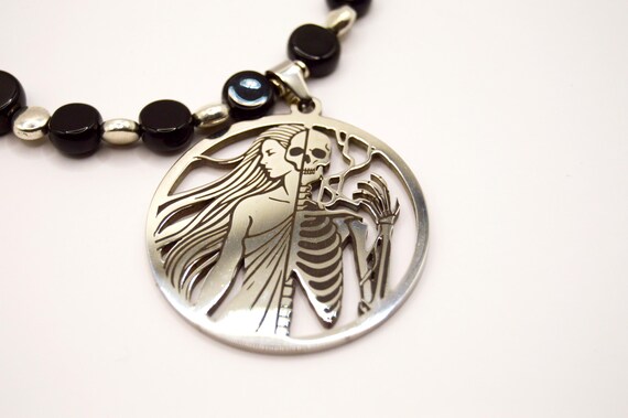 Half Woman Half Skeleton Necklace, Goth, Dark, Grim, Black, Stainless steel, Silver plated