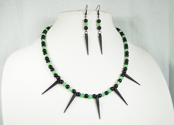 Black & Green Spike Necklace and Earrings Set: Cyberpunk Blacklight Jewelry