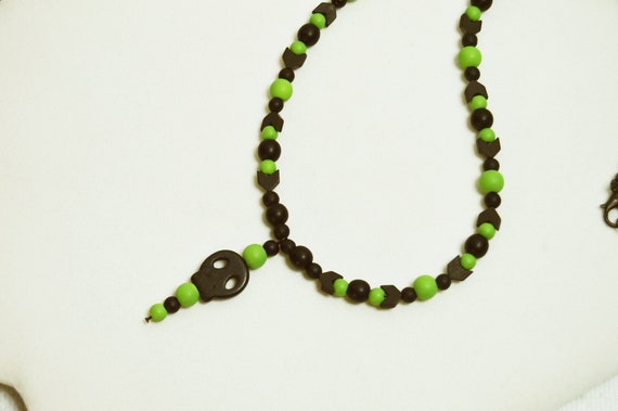 Black Skull & Green Howlite Beaded Necklace: Goth Punk Jewelry