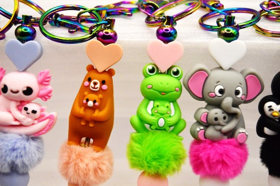 Animal Parent Key chains, Silicone Beads, Faux Fur Charm, Bag Clip Hanger