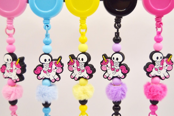 Skeleton Unicorn Badge holders, Pink, Black, Soft, Colorful, Creepy Cite