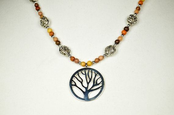 Tree Necklace and Earrings Set, Silver, Wood, Tree of Life