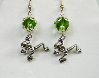 Silver plated frog earrings with green glass beads. | Frogs | Toad | Green | Kermit | Dangle | Animal | Tropical | Garden | Rainforest