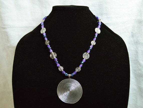 Big swirl beaded necklace, Purple, Silver, Statement , Nickel free