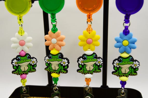 Pretty Frog and Flowers Reel Badge Holder, Fun, Spring, Summer, Colorful, Medical staff, Security
