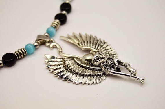 Large Winged Egyptian Cat Necklace: Lake Blue & Black Glass Beads