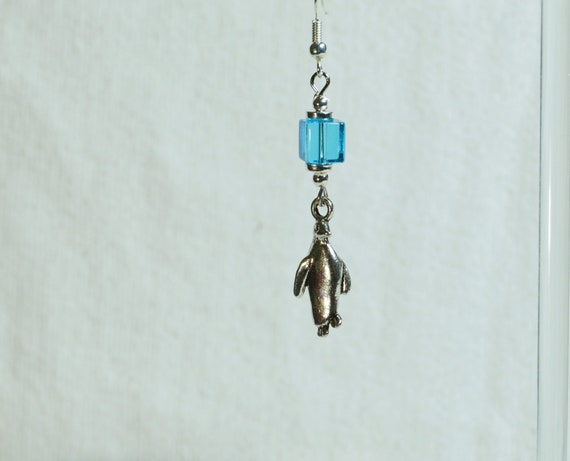 Penguin Charm Bracelet and Earrings Set: Blue Ice Beads, Silver Plated