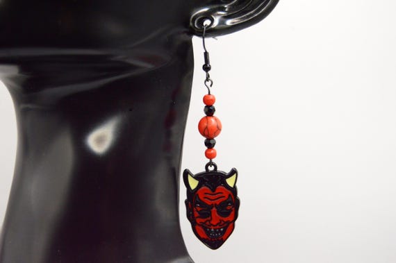 Devil Head Earrings, Red, Black, Dangle, Detailed Enamel