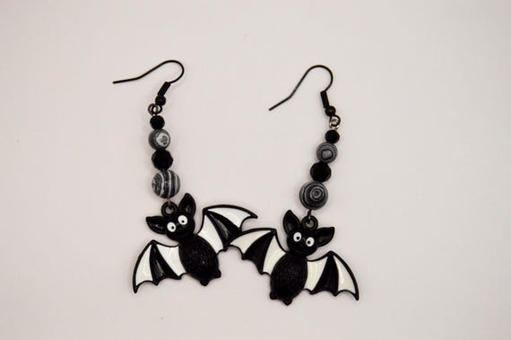 Adorable Black Bat earrings! White details with Malachite
