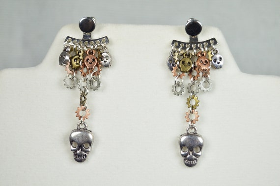 Multicolored gears and skulls swing earrings, Steampunk, Diesel punk, Goth, Punk, Silver, Brass
