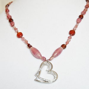 Silver heart, red and pink beaded necklace. Silver Pink Handmade Glass Love Valentine Double heart Gift for her Jewelry image 2