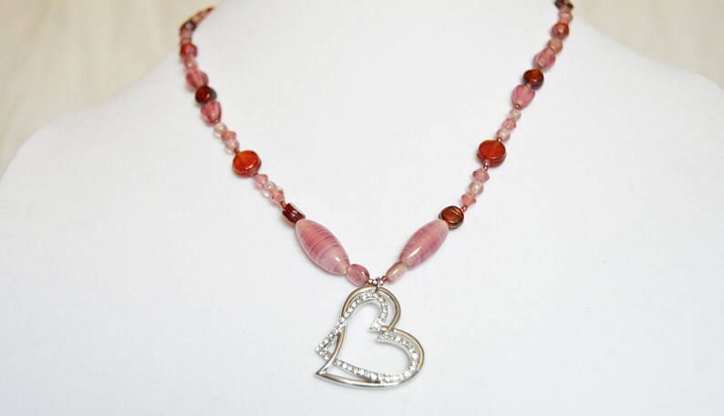 Silver heart, red and pink beaded necklace. Silver Pink Handmade Glass Love Valentine Double heart Gift for her Jewelry image 2