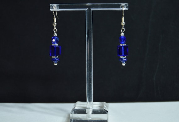 Vibrant Glass Block Earrings, Color Choice, Dark blue, Light blue , Red, Silver, Small, Elegant