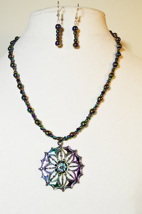 Gorgeous Electroplated Filigree Necklace with Earrings Set, Rainbow, Metal, Glass, Jewelry, Goth, Elegant