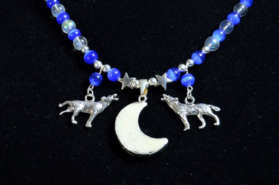 Amazonite moon pendant with silver wolves necklace, Blue, Silver, Wolf, Stars, Celestial, Stone, Gifts for him or her