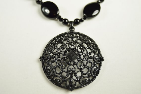 Black filigree, beaded necklace, Metal,  Glass, Onyx, Goth, Jewelry, Statement