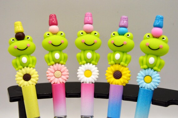Fancy Frog and Flower Pens, colorful, pretty, 2 refills, gift for her