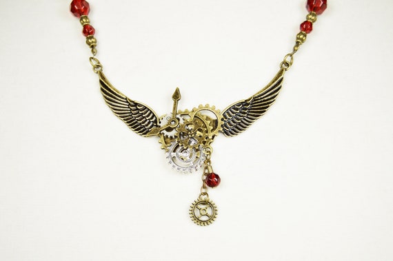 Steampunk Heart & Wings Necklace: Red Glass, Brass Gears