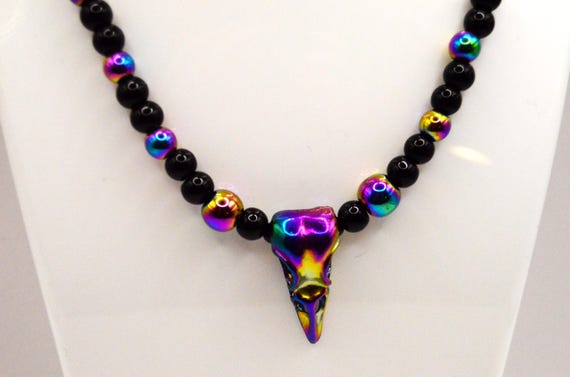 Beaded electroplated bird skull necklace, Egyptian, Raven