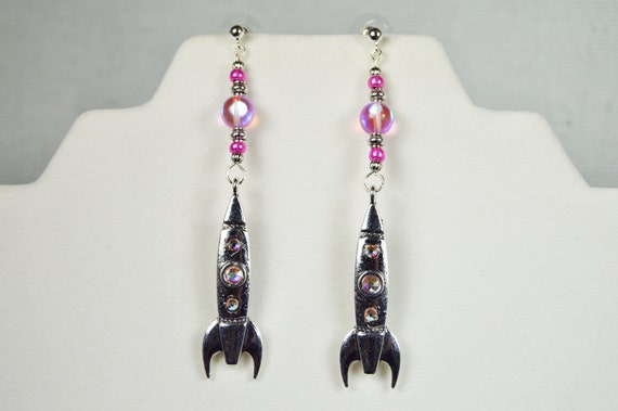 Rocket ship earrings with hot pink accent beads, Silver, Pink, Space, Ship, Dangle