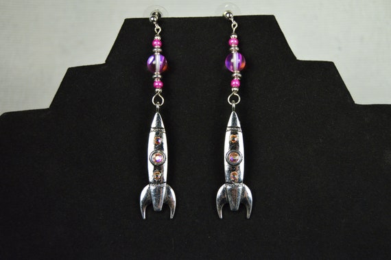 Rocket Ship Dangle Earrings: Pink Swarovski Crystals, Silver Plated