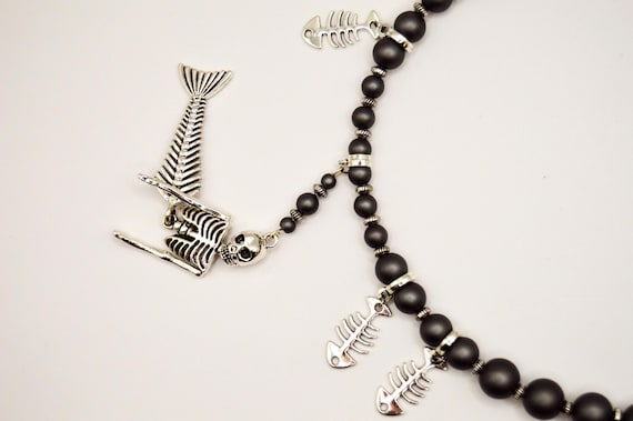 Gothic Dead Mermaid Necklace, dead fish earrings, set, gunmetal gray, pearl, silver, Gift for you