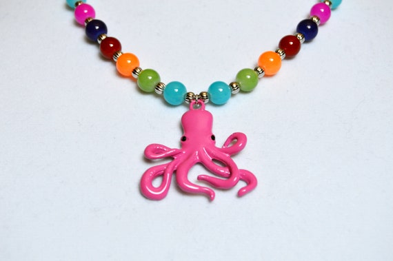 Pink Octopus Necklace with rainbow glass beads, Cyberpunk, Sea life, Rave, Pink, Ocean, Candy