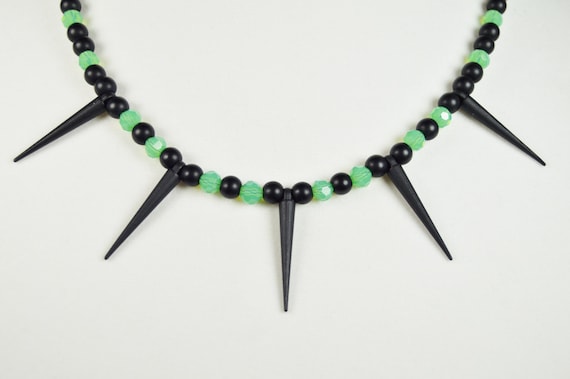 Black and green spikes necklace and earrings set, Cyberpunk, Black light reactive, Punk