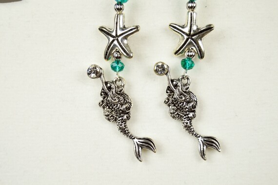 Mermaid and Starfish Earrings, Silver, Teal Blue, Ocean, Beach