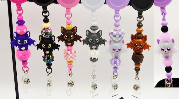 New Cute little Bat, reel badge holder, purple, gray, white, black, bronze, Opal, brown pediatrics, Halloween!