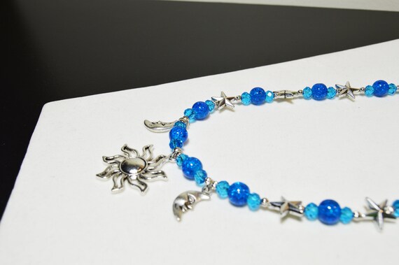 Sun, Moon and Stars necklace with blue glass shatter beads, Sparkle, Celestial, Charm, Silver