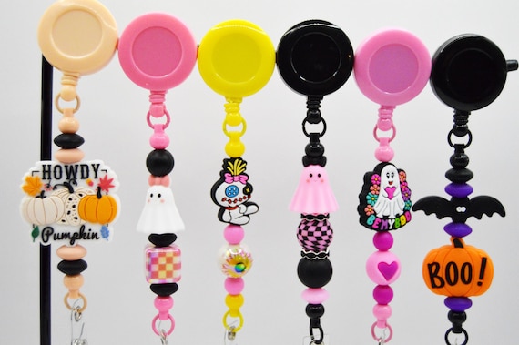 Pretty Halloween Reel Badge Holders Batch 1, Soft silicone beads, office, ID holder, Spooky, cute, creepy