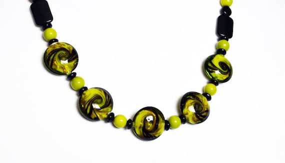 Green and black lamp work glass, beaded necklace. | Green | Black | Formal | Punk | Swirl | Evening | Gold