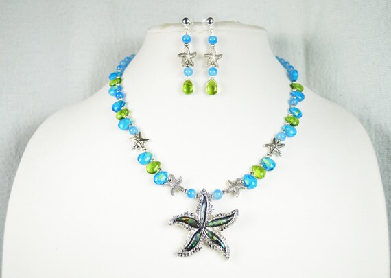 Big starfish necklace and earrings set, Blue, Glass, Summer, Beach, Cruise, Vacation