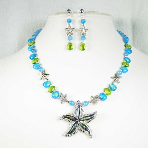 Big starfish necklace and earrings set. | Blue | Glass | Summer | Beach | Cruise | Vacation | Gift for her | Jewelry