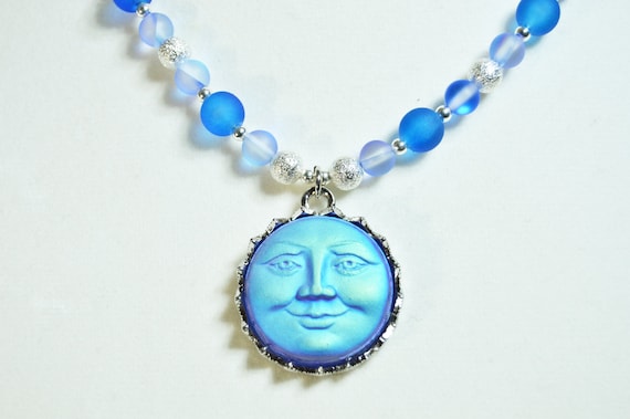 Blue Moon Necklace and Earrings Set, Gorgeous, Blue, Celestial, Face, Elegant, Gift for her