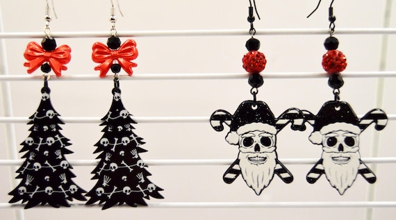 Skull trees with bows or Dead Santa earrings, your choice, Gothic, Dark Christmas
