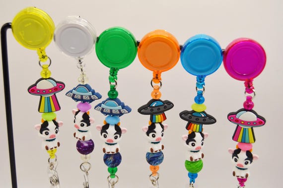 UFO and Cow Reel Badge, cute, funny, colorful, space