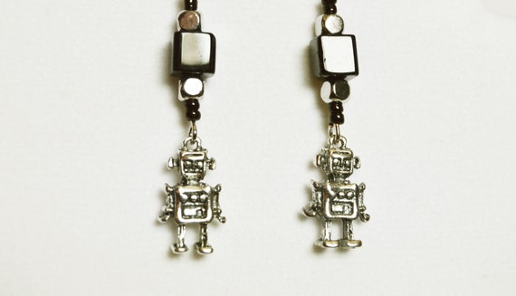 Little robot earrings, Black, Antique silver, Square, Punk, Glass, Science, Geek
