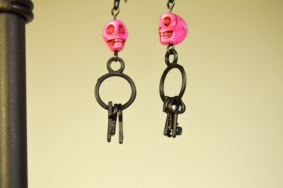 Pink Skulls with black keys earrings, Black, Punk, Gothic, Halloween