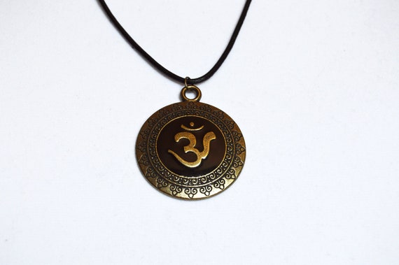 Om brass and enamel pendant on a leather, Necklace, Leather, Black, Brass, Hinduism