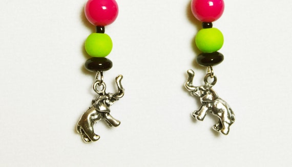 Hot pink and neon green elephant earrings. | Martini | Olive | Pink elephant | Cocktails | Party | Fun | Silver