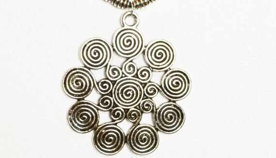 Large spirals necklace, Antique silver, Black, Leather, Minimalist, Pensive, Art