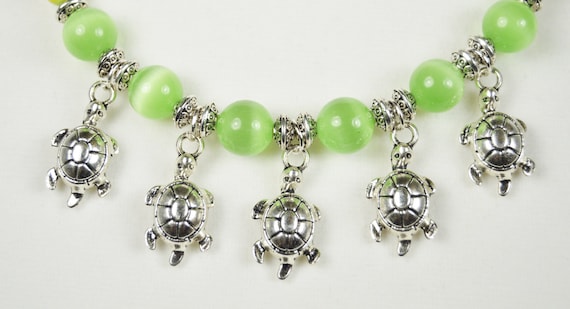 Love Turtles Necklace and Earrings Set/Silver/Green/Tiger eye