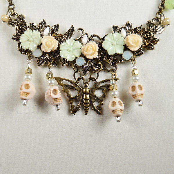 Skulls and flowers pastel and dark brass necklace. | Brass | Howlite | Goth | Spring | Easter | Funeral | Punk