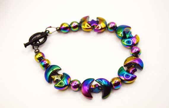 Rainbow electroplated Moons and Stars bracelet, Goth, Celestial