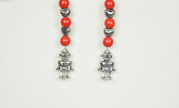 Robots and hearts earrings. | Hearts | Love | Red | Silver | Robots | February | Gifts for her | Science | Grade school teacher