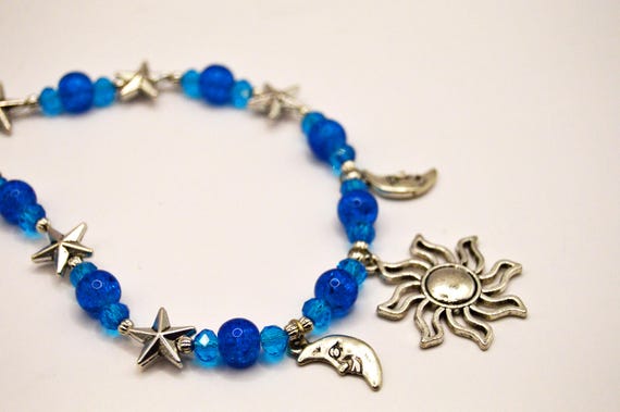 Sun, Moon and Stars necklace with blue glass shatter beads, Sparkle, Celestial, Charm, Silver