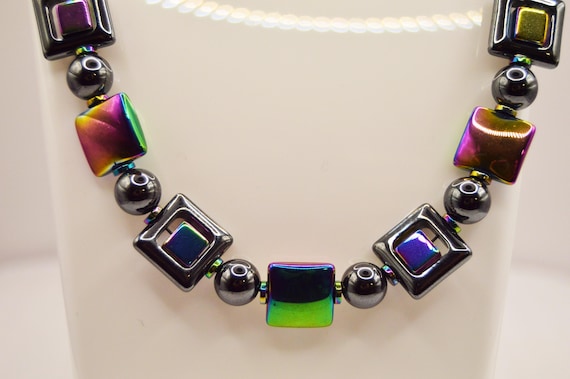 Cyber squares necklace, Colorful Rainbow and Gun metal Hematite squares