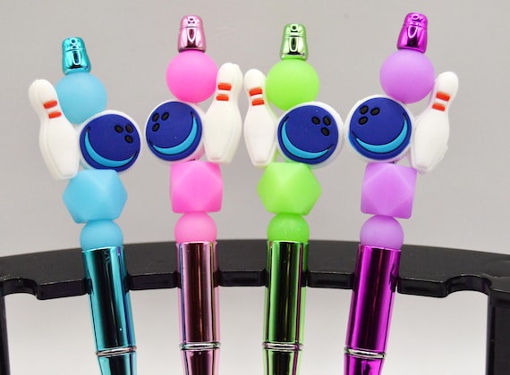 Bowling Team pen set, metallic, laser bowling, includes refills, glow in the dark beads.